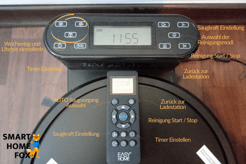 Erklärung der gesamten Steuerung des Easy Home Aldi Saugroboters über die Knöpfe an der Ladestation und Fernbedienung